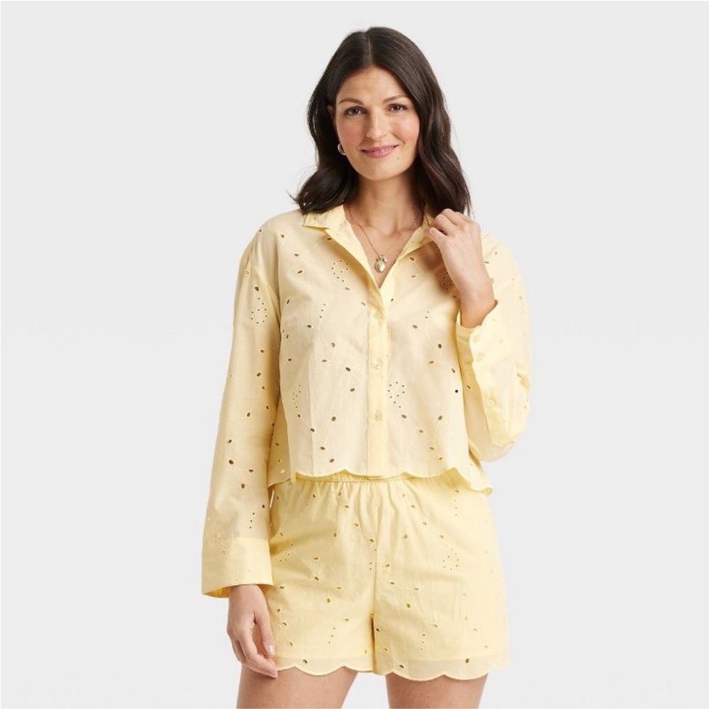 A New Day Yellow Cropped Button Down Shirt with Notched Collar